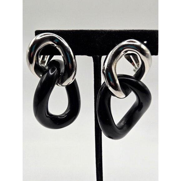 Vintage Givenchy Signed Black and Silver Large Link 2" dangle Clip Earrings - Picture 4 of 4